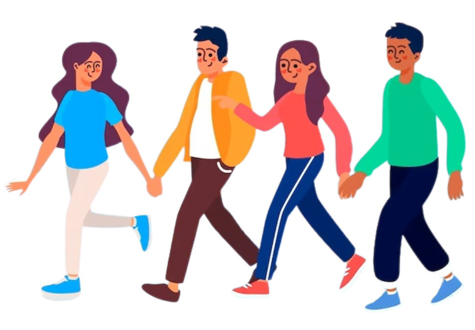 Decorative cartoon image of students and teachers