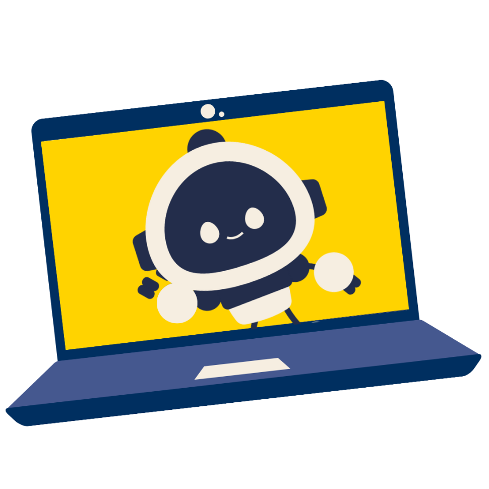 Decorative cartoon image of a laptop with an AI robot