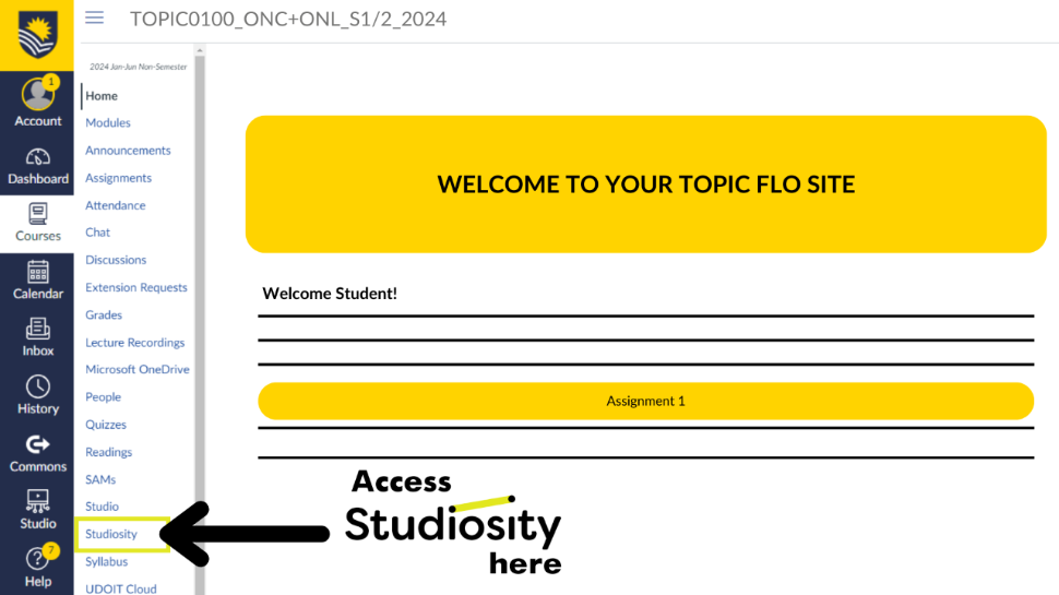Sample image showing the location of the Studiosity link in the left-hand menu of a FLO page